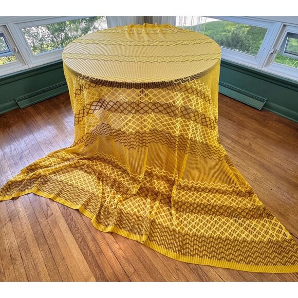 Vintage 70s mesh curtain, yellow, brown groovy pattern, pleated, per panel - Picture 1 of 10